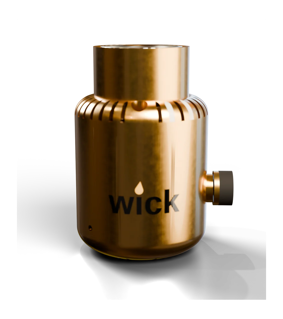 wick in satin Brass, bell shape, with a black enamel wordmark and a turned brass knob