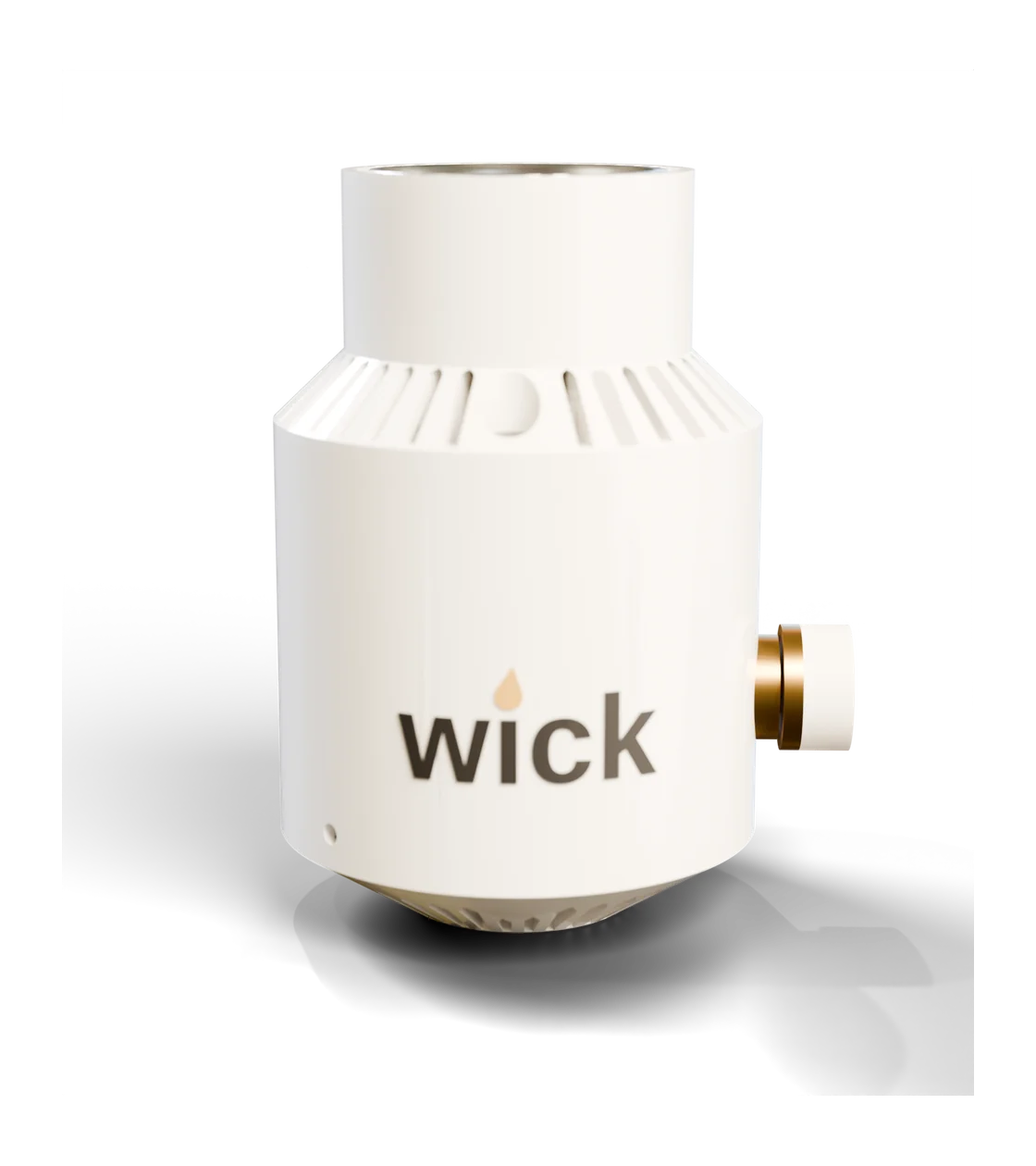 wick in Gloss white, cone shape, with a dark wordmark and brass knob