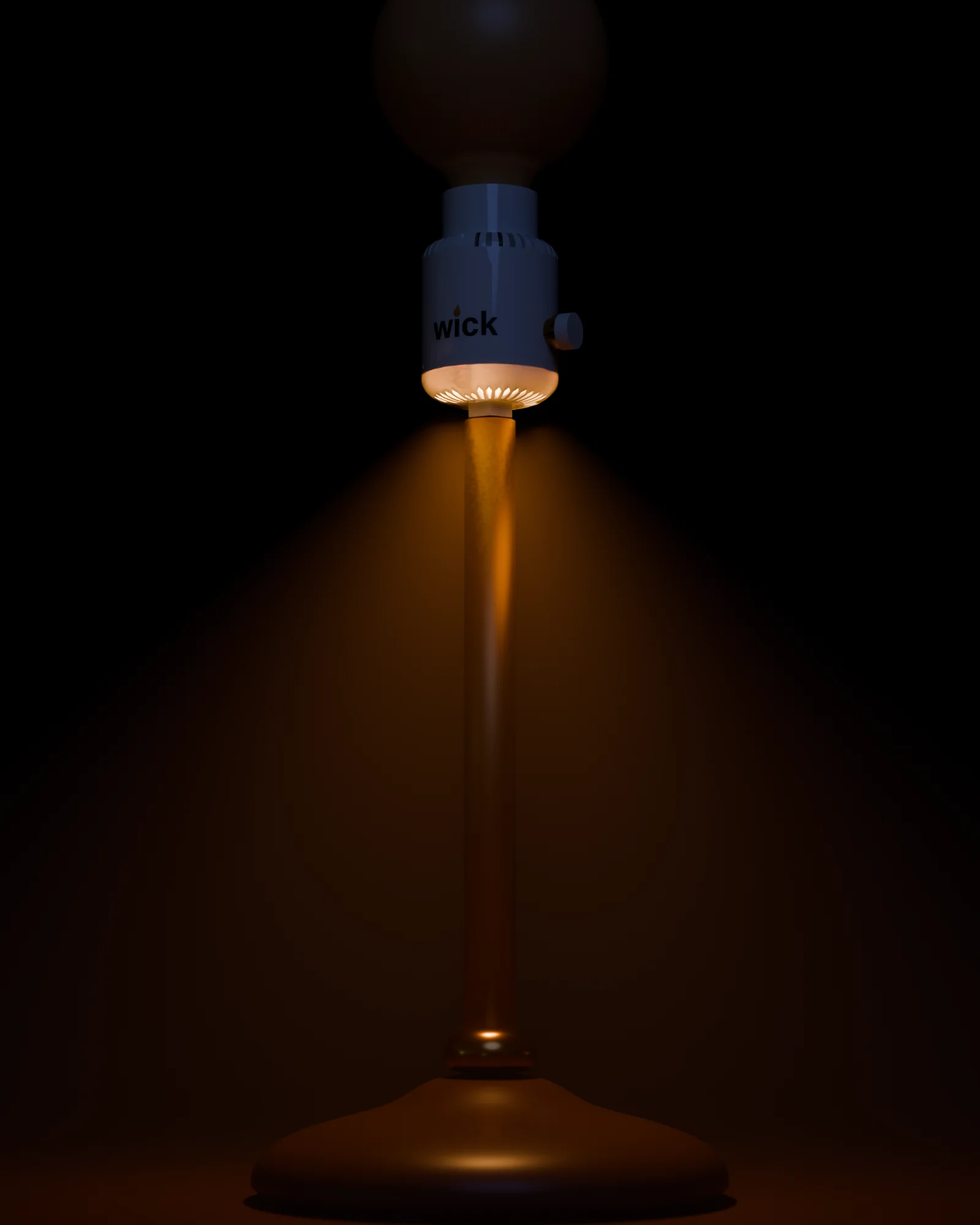 At night with the bulb off, warm light falls from the louvers under a Gloss white wick in the bell shape onto a brass stem and walnut base