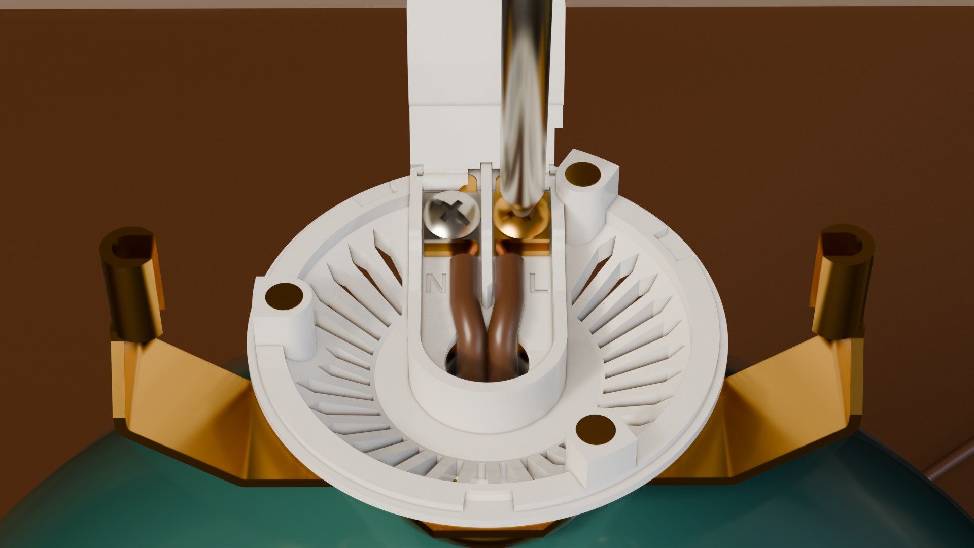 Looking down wick's open wiring channel: the hot wire under the brass screw on the right, the neutral under the silver screw on the left